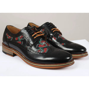 Ross - Buty brogsy męskie czarne w kwiatowo-czaszkowy nadruk skórzane oxfordowe - Czarny - Justin Reess - 2