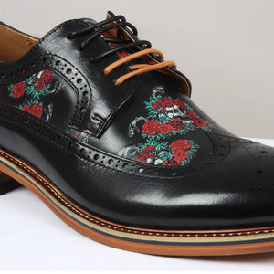 Ross - Buty brogsy męskie czarne w kwiatowo-czaszkowy nadruk skórzane oxfordowe - Czarny - Justin Reess - 4