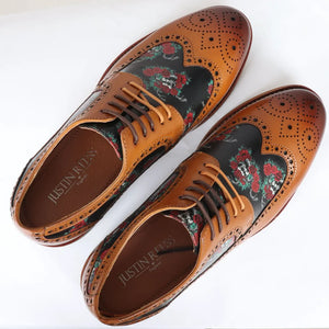 Ross - Buty brogsy męskie brązowe w kwiatowo-czaszkowy nadruk skórzane oxfordowe - Brązowy - Justin Reess - 5
