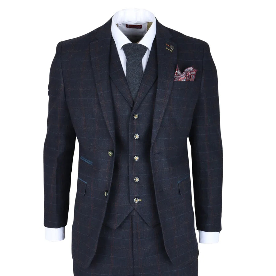 Ryan - Granatowy 3-częściowy garnitur męski Slim Fit z tweedu - Robert Simon - 1