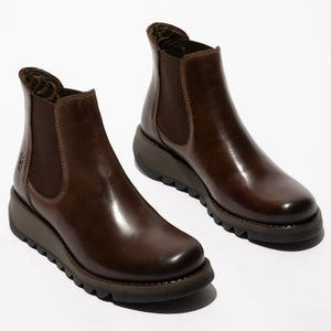 SALV195 - Women's Wedge Heel Leather Chelsea Ankle Boots - Brown - Fly London - 24
