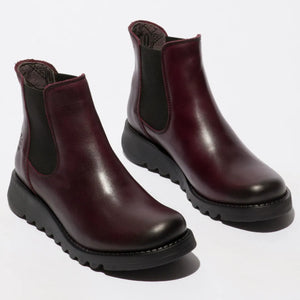 SALV195 - Women's Wedge Heel Leather Chelsea Ankle Boots - Wine - Fly London - 6