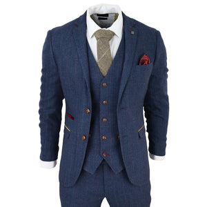 Herren Blau 3 Teilig Anzug Herringbone Tweed Überprüft Formal Kleid Anzüge - Paul Andrew - 1