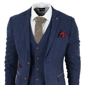 Herren Blau 3 Teilig Anzug Herringbone Tweed Überprüft Formal Kleid Anzüge - Paul Andrew - 4
