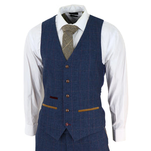 Herren Blau 3 Teilig Anzug Herringbone Tweed Überprüft Formal Kleid Anzüge - Paul Andrew - 6