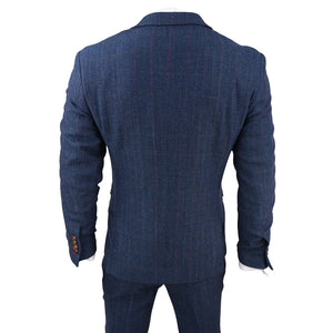 Herren Blau 3 Teilig Anzug Herringbone Tweed Überprüft Formal Kleid Anzüge - Paul Andrew - 7