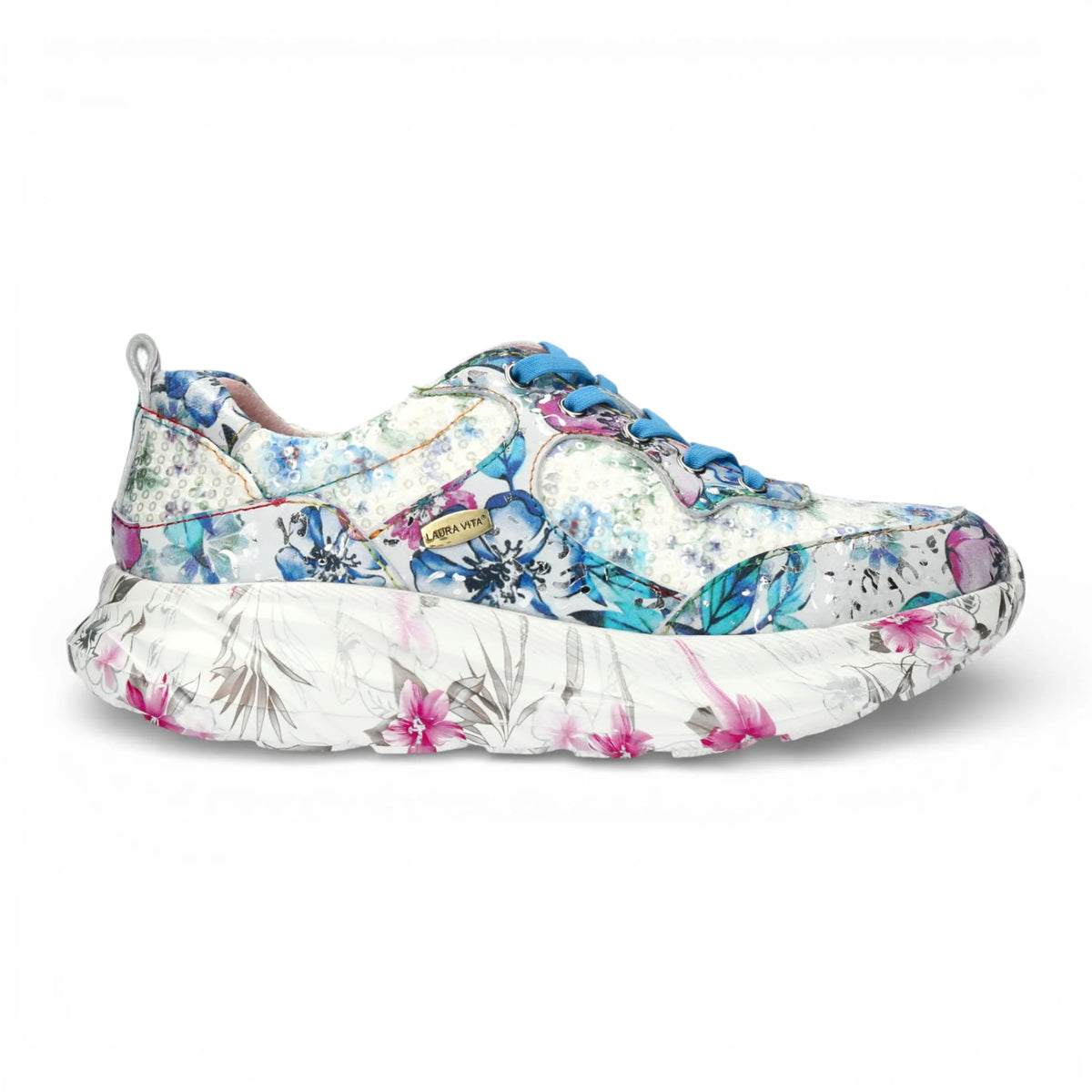 Sofiao 07 - Baskets compensées Femme Bleu à fleurs en cuir - Laura Vita - 1