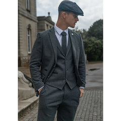 Traje de tweed gris con tejido en espiga negro de 3 piezas para hombre estilo Blinders