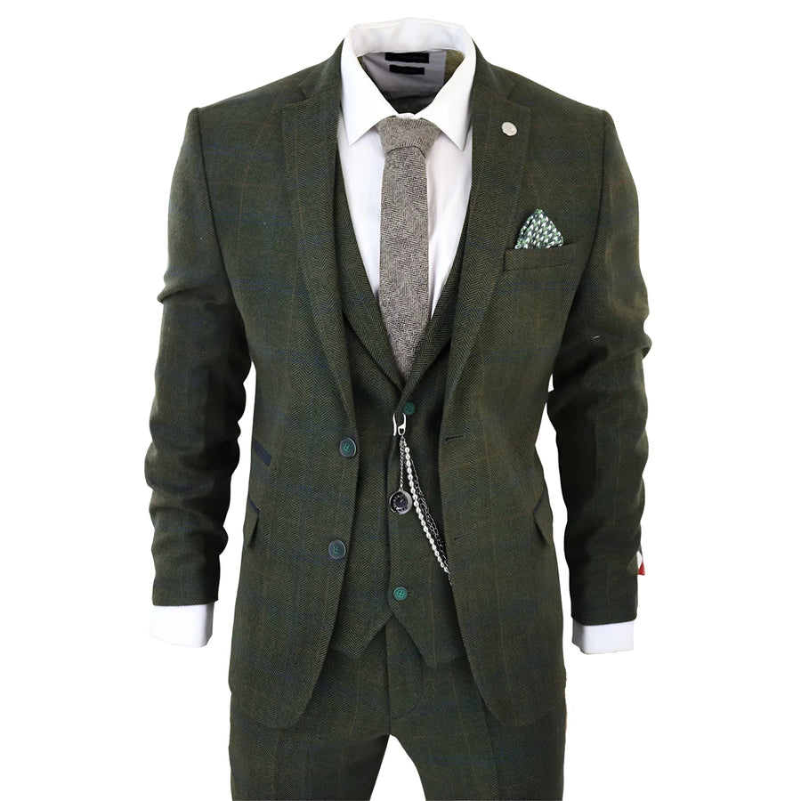 STZ71 - Men's 3 Piece Suit Wool Tweed Green Blue Brown Check 1920s Gatsby Formal Dress Suits - TruClothing.com - 1
