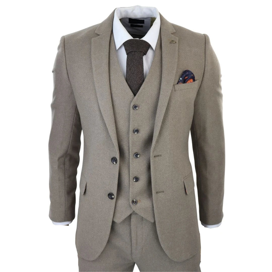 SW105258 - Men's Beige Blue 3 Piece Tweed Wool Suit - Harry Brown - 1