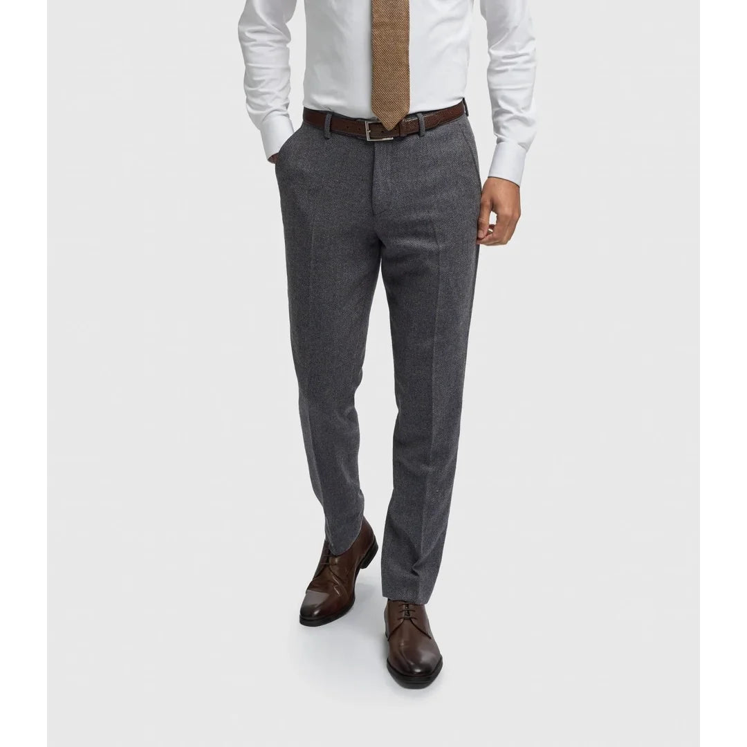 Thomas - Pantaloni pentru bărbați bleumarin din amestec de lână tweed cu model spic - House of Cavani - 1