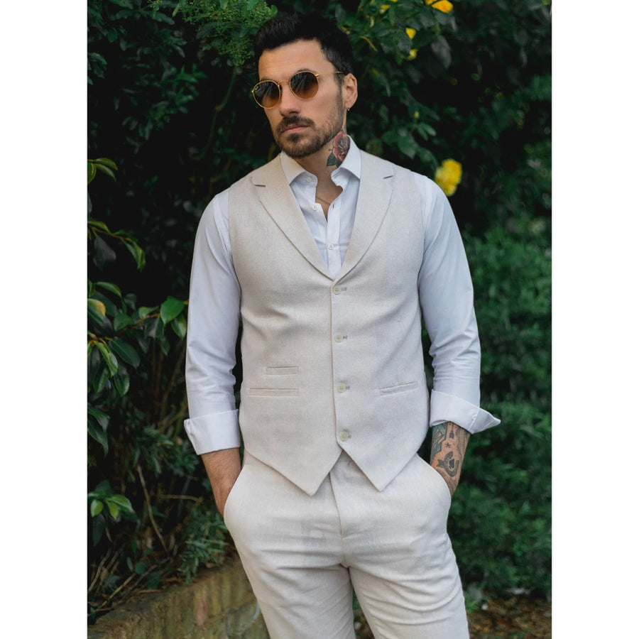 TP-10 - Herren Sommeranzug Weste Hose Leinen Formal Creme Beige Hochzeit - TruClothing.com - 1