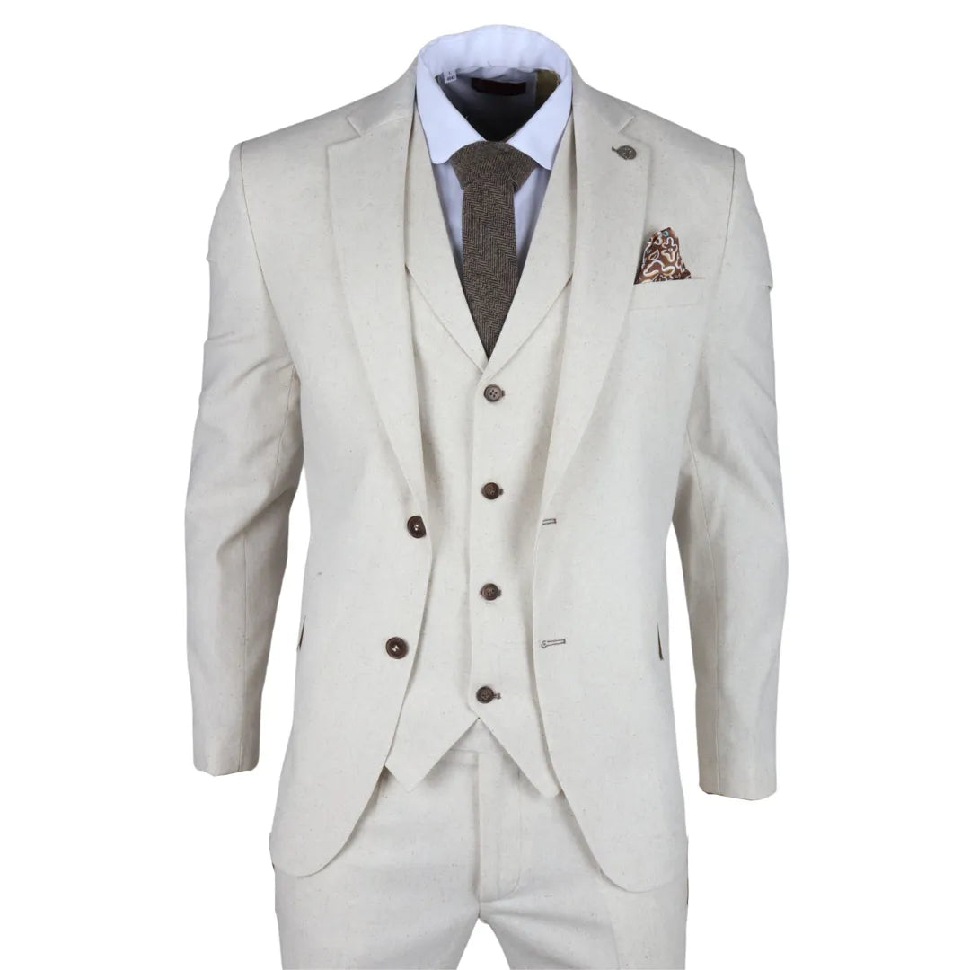 TP-21 - Beżowy 3-częściowy garnitur ślubny męski lniany letni - TruClothing.com - 1