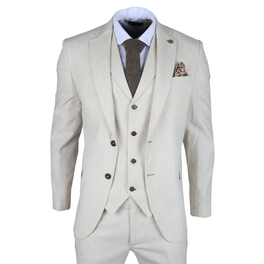 TP-21 - Traje de Boda de Verano de Lino 3 Piezas Beige para Hombre - TruClothing.com - 1