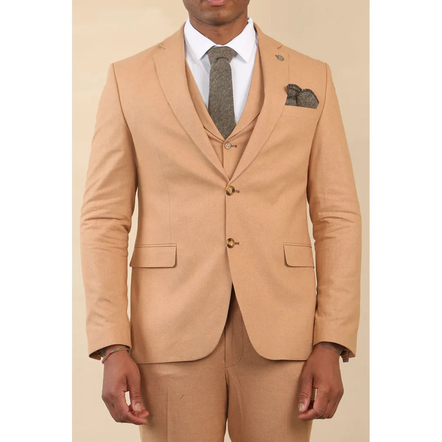 TP-23 - Traje de Verano de Lino para Hombre en Color Camel de 3 Piezas para Boda - TruClothing.com - 1
