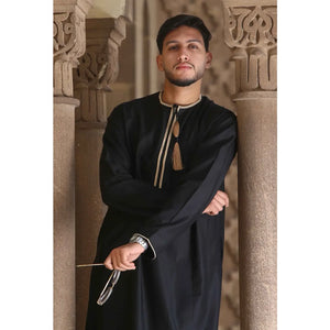 TT-003 - Men's Emirati Omani Thobe Gold Tassel Embroidery - Black - Thobez - 31