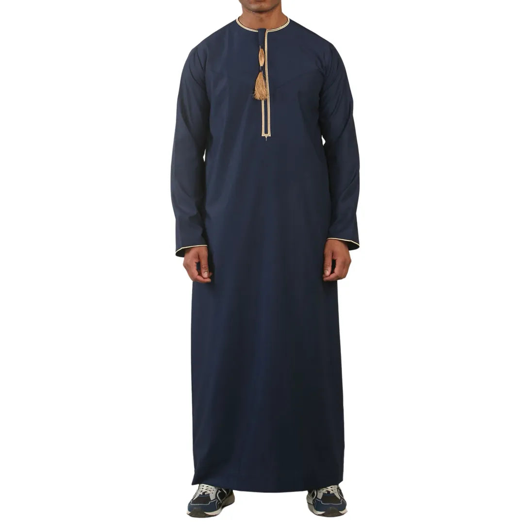TT-003 - Men's Emirati Omani Thobe Gold Tassel Embroidery - Navy - Thobez - 1