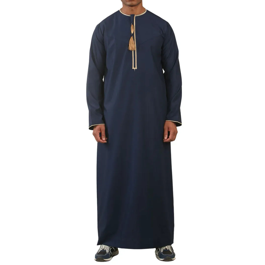 TT-003 - Men's Emirati Omani Thobe Gold Tassel Embroidery - Navy - Thobez - 1