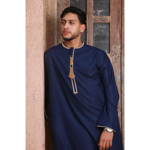 TT-003 - Men's Emirati Omani Thobe Gold Tassel Embroidery - Navy - Thobez - 3