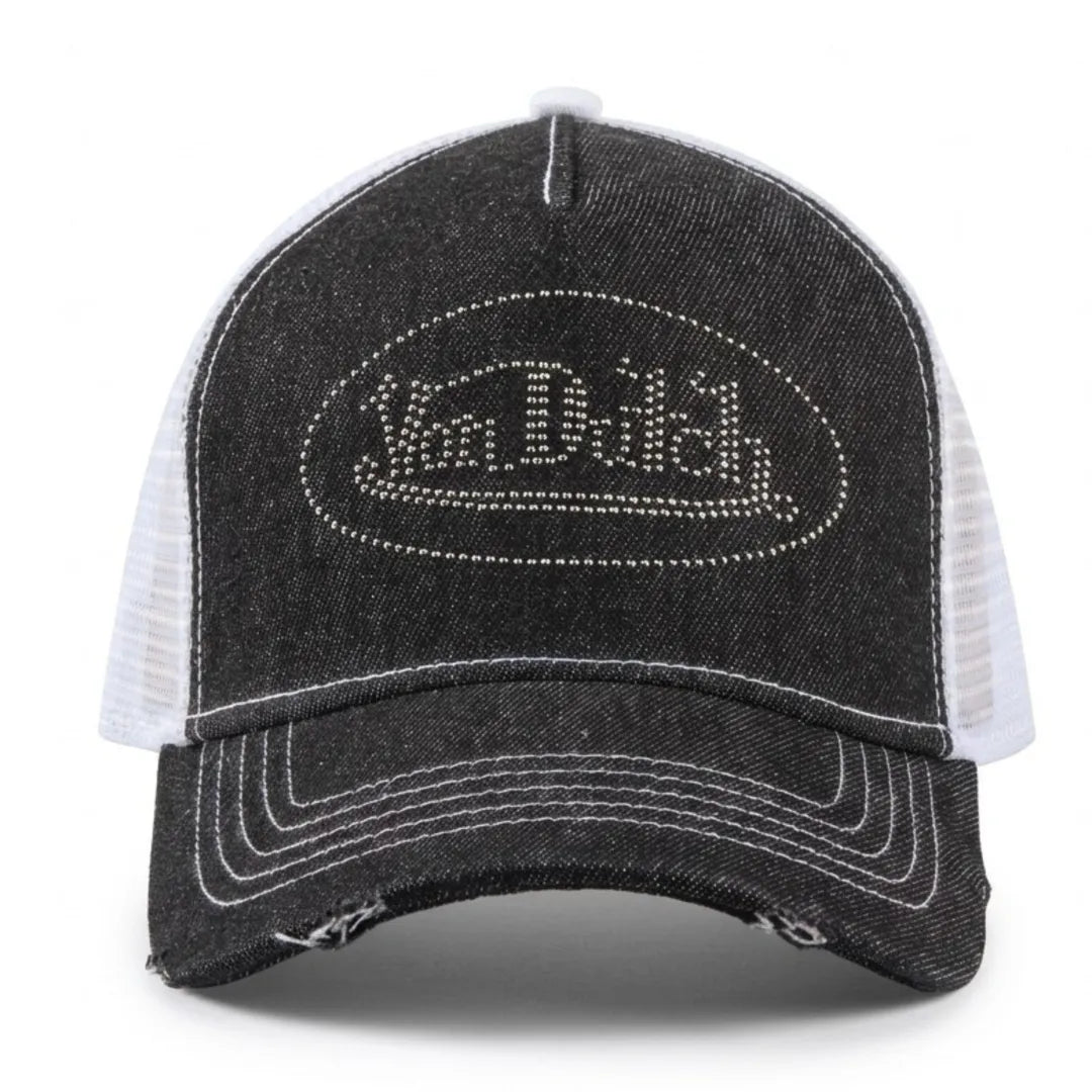 VDHH0060 - Cappellino in denim nero a rete bianca effetto consumato con chiusura a scatto - Von Dutch - 1