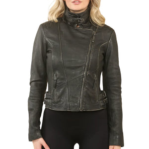 Giacca da biker in pelle nera con zip a croce per donna - Infinity Leather - 1