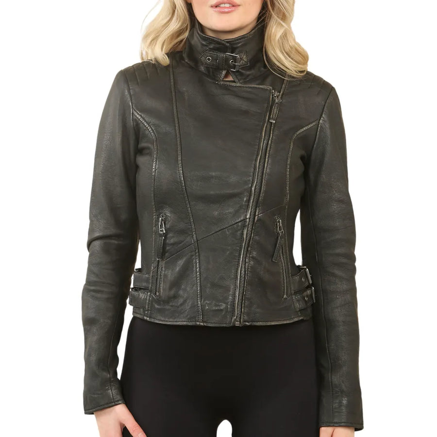 Damen Schwarze Cross Zip Leder Brando Bikerjacke - Infinity Leather - 1