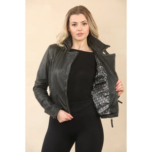 Giacca da biker in pelle nera con zip a croce per donna - Infinity Leather - 2
