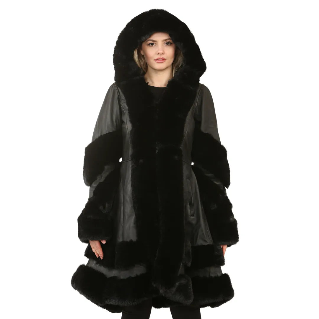 Women's Black Flared Hooded Leather Cape Coat - Infinity Leather - 1