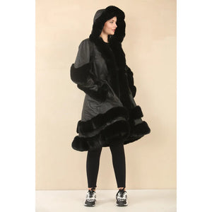 Women's Black Flared Hooded Leather Cape Coat - Infinity Leather - 5