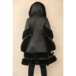Women's Black Flared Hooded Leather Cape Coat - Infinity Leather - 7