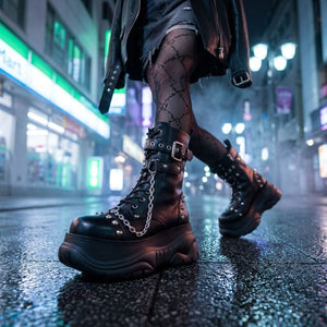Women's Black Platform Combat Vegan Leather Mid-Calf Boots - TruClothing.com - 2