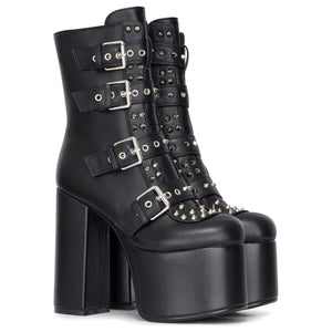 Women's Black Platform Mid-Calf Boots Vegan Leather Block Heel Booties - TruClothing.com - 3