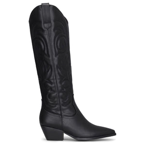 Bottes femme noires en cuir végan embossé à coutures cow-boy - TruClothing.com - 1