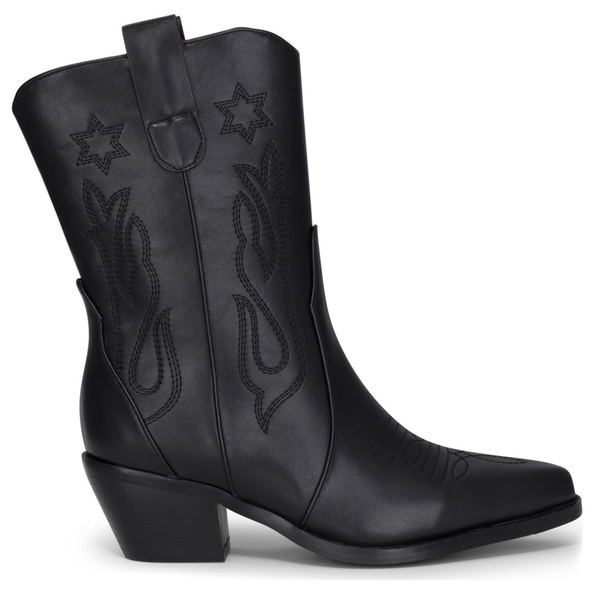 Schwarze wadenhohe Westernstiefel für Damen aus veganem Leder mit Stickerei - TruClothing.com - 1
