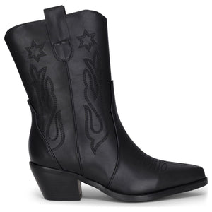 Schwarze wadenhohe Westernstiefel für Damen aus veganem Leder mit Stickerei - TruClothing.com - 1