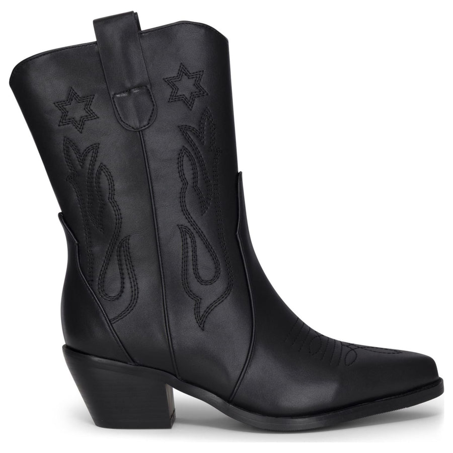 Buty damskie czarne ze skóry wegańskiej z haftem przeszyć sięgające połowy łydki w stylu kowbojskim - TruClothing.com - 1