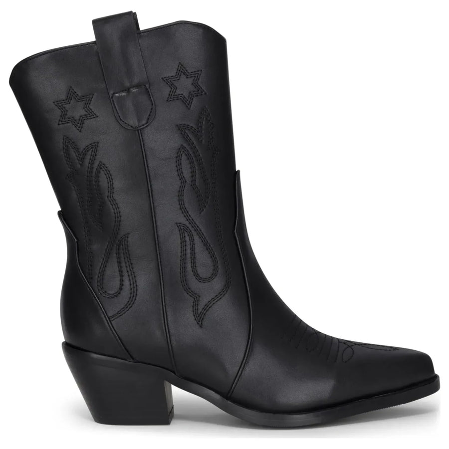 Bottes Femme Noires mi-mollet en cuir végan à point de broderie cow-boy - TruClothing.com - 1