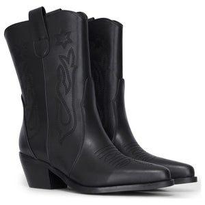 Schwarze wadenhohe Westernstiefel für Damen aus veganem Leder mit Stickerei - TruClothing.com - 3