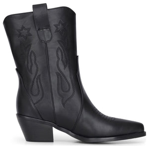 Schwarze wadenhohe Westernstiefel für Damen aus veganem Leder mit Stickerei - TruClothing.com - 4