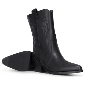 Schwarze wadenhohe Westernstiefel für Damen aus veganem Leder mit Stickerei - TruClothing.com - 5