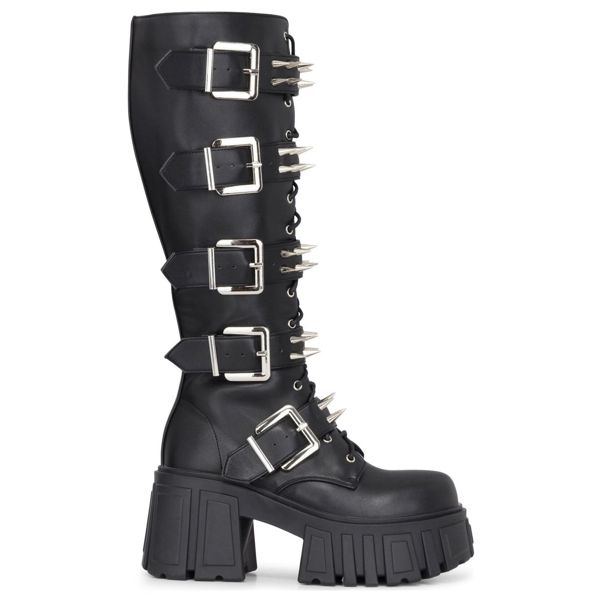 Stivali donna neri in pelle vegana al ginocchio anfibi con plateau stile gotico punk - TruClothing.com - 1