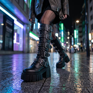 Stivali donna neri in pelle vegana al ginocchio anfibi con plateau stile gotico punk - TruClothing.com - 2
