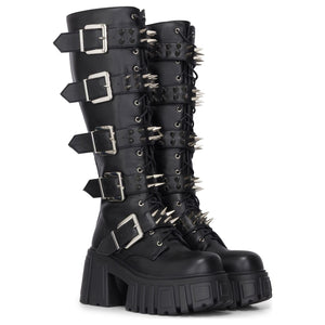 Stivali donna neri in pelle vegana al ginocchio anfibi con plateau stile gotico punk - TruClothing.com - 3