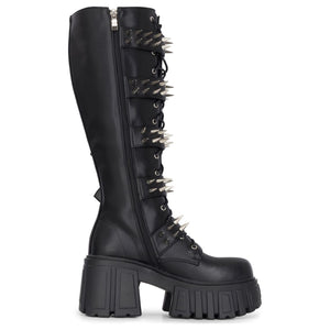 Stivali donna neri in pelle vegana al ginocchio anfibi con plateau stile gotico punk - TruClothing.com - 4