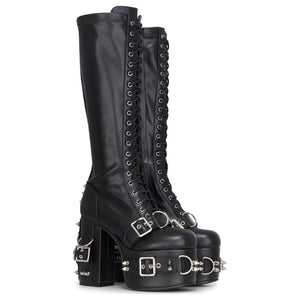 Schwarze kniehohe hohe gotische Plateau-Stiefel aus veganem Leder für Damen - TruClothing.com - 3