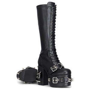 Schwarze kniehohe hohe gotische Plateau-Stiefel aus veganem Leder für Damen - TruClothing.com - 5