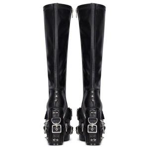 Schwarze kniehohe hohe gotische Plateau-Stiefel aus veganem Leder für Damen - TruClothing.com - 6