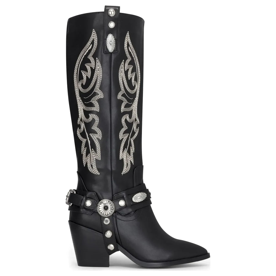 Bottes Femme Noires en cuir végan montantes à broderies style western cowboy - TruClothing.com - 1