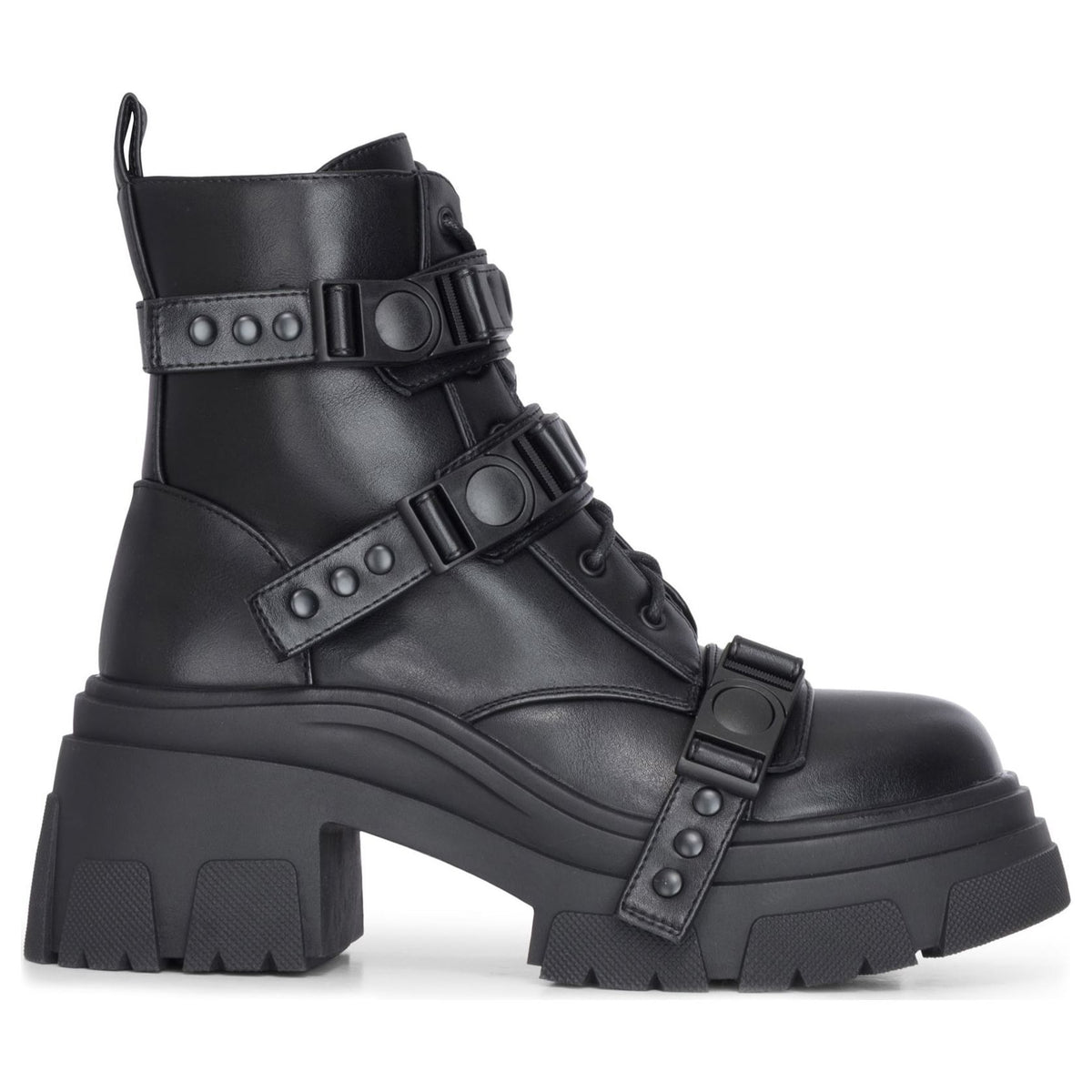 Schwarze wadenhohe Plateau-Kampfstiefel für Damen aus veganem Leder mit Schnalle - TruClothing.com - 1