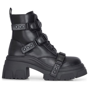Schwarze wadenhohe Plateau-Kampfstiefel für Damen aus veganem Leder mit Schnalle - TruClothing.com - 1